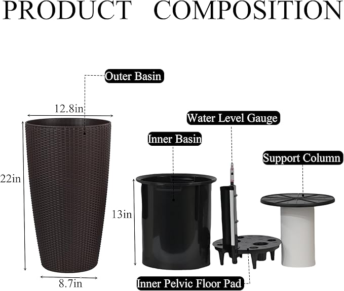 2Pack 22" High Modern Plant Pots Planter-Self-Watering Indoor/Outdoor Planting with Drain Holes, Water Level Monitor, Inner Bucket for Front Porch Patio, Brown Rattan Conical
