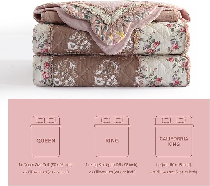 NEWLAKE Quilt Set Queen Size, Cotton Patchwork Pink Floral Quilt Sets, Real Stitched Embroidery Bedspread Lightweight and Breathable for All Seasons, Soft Quilted with 2 Pillow Shams