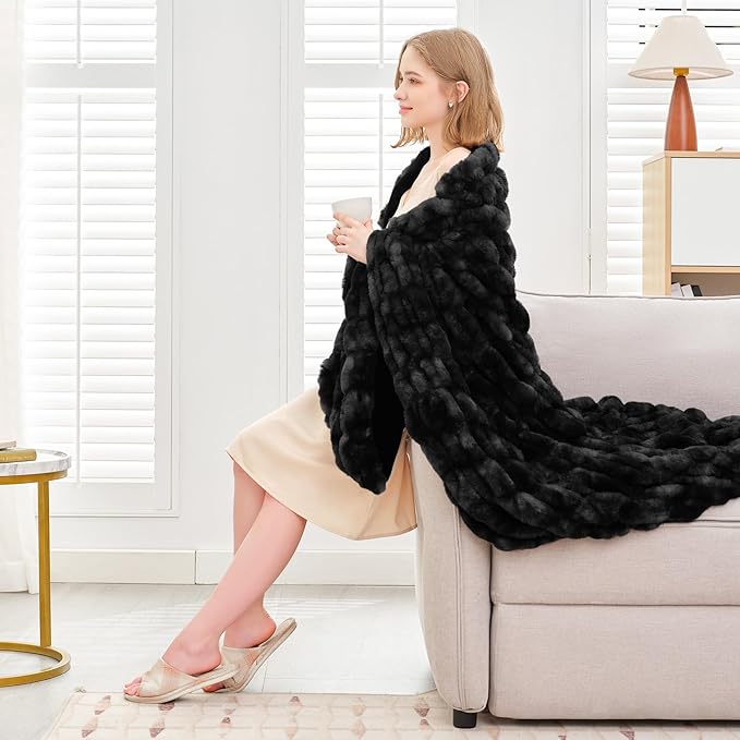 Ultra Soft Luxury Faux Fur Throw Blanket for Counch,Fuzzy Fluffy Plush Warm Cozy Elegant Wrinkled Blanket for Sofa Bedroom Living Room,(50"x60",Tie-dye Black)