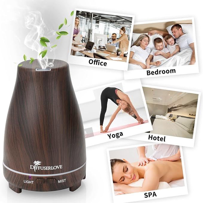 Diffuserlove Essential Oil Diffusers 200ML, Remote Control Aromatherapy Diffuser with 7 Color Lights, Auto Shut-Off for Bedroom Office Kitchen (Black Wood Grain)
