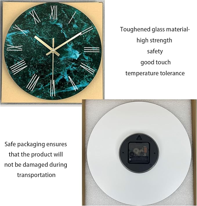 Teal Wall Clock Battery Operated 14 Inch Modern Abstract Clocks for Living Room Decor Marble Pattern Glass Analog Wall Clock Silent
