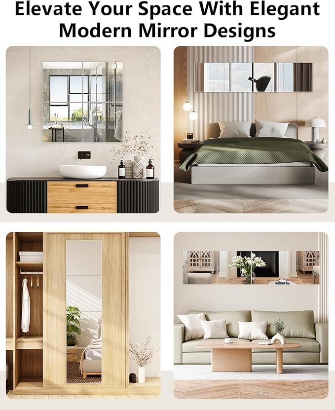 Full Length Wall Mirror Tiles, 12'' x 12'' x 4PCS, Acrylic Unbreakable Full Body Mirror for Bedroom Squares Shatterproof Mirror Sheets Wall Mounted for Home Gym Door Plexiglass Mirrors Safe for Kids