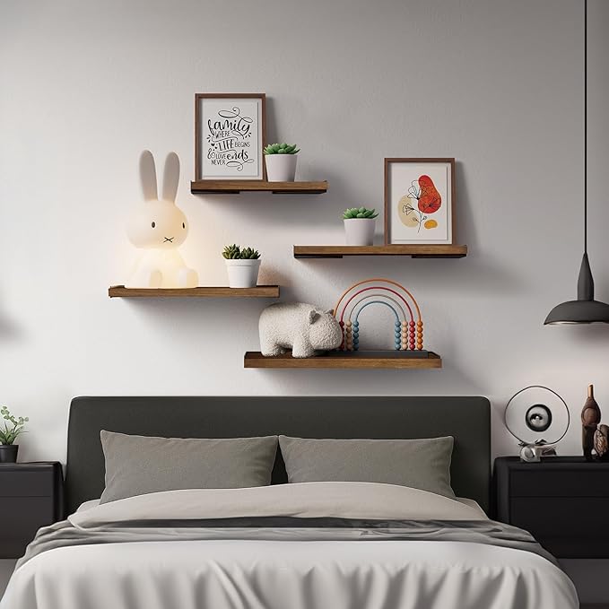 BAYKA Floating Shelves for Wall, Book Shelf for Bedroom, Wall Decor Shelves for Living Room Kitchen, Mounted Wood Floating Shelf for Home Decor, Corner Shelf for Bathroom, Office(Set of 4)