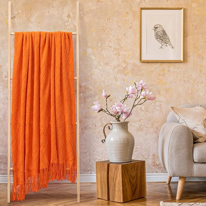 inhand Fall Throw Blanket Burnt Orange for Couch, Soft Living Room Home Decor Knitted Twin Size Blanket, Outdoor Lightweight Breathable Summer Blanket, Farmhouse Warm Woven Decorative, 60"x80"
