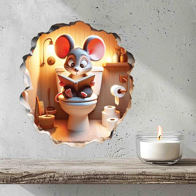 3D Mouse Sitting on Toilet - Mousehole Wall Sticker Decal - Removable Bathroom Decor - Kids Room - Peel & Stick - Whimsical Home Decor - MICESTERPIECE