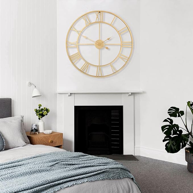 LEIKE Large Modern Wall Clocks,32" Gold Metal,Rustic,Round,Nearly Silent,Little Ticking,Battery Operated Roman Numerals Clock for Living Room/Bedroom/Kitchen Wall Decor-(Gold, 80cm)