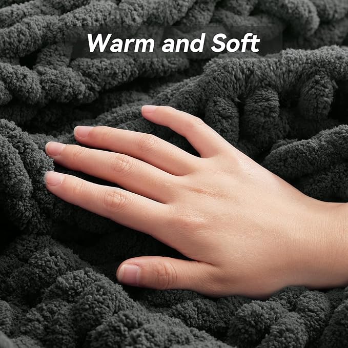 Chunky Knit Throw Blanket, 30''*40'' Knitted Throw Chenille Yarn for Bed Couch, Handmade Dark Grey Crochet Big Thick Blanket, Machine Washable Cute Comfy Blanket for Home Decor