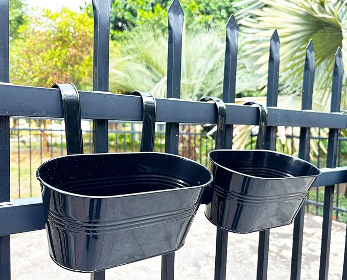 6 Pack Metal Hanging Planter for Outdoor Plants, 10 Inch Black Fence Planters Railing Pots for Garden Patio Balcony Decor, Flower Bucket with Detachable Hooks (Black, 6Pcs)