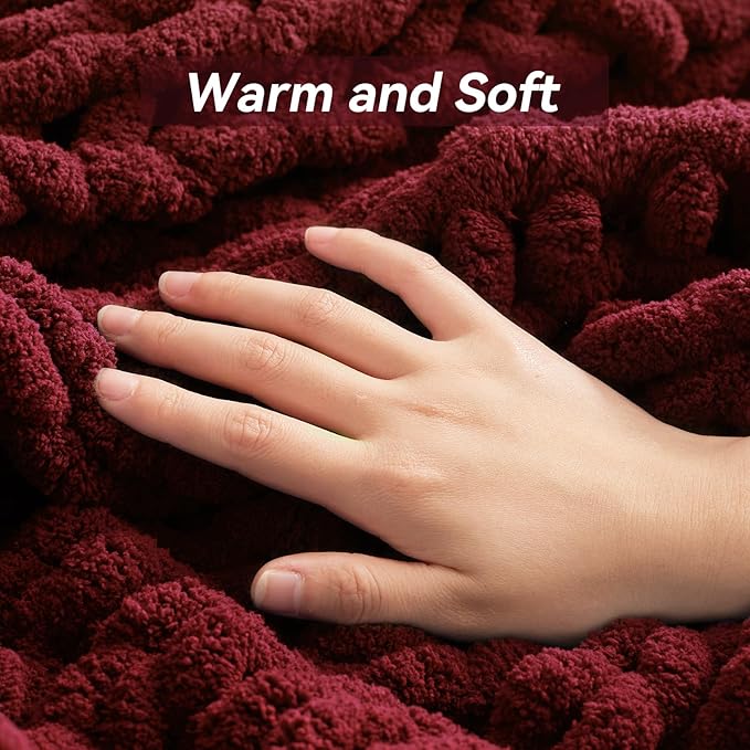 Chunky Knit Throw Blanket, 50''*60'' Knitted Throw Chenille Yarn for Bed Couch, Handmade Red Crochet Big Thick Blanket, Machine Washable Cute Comfy Blanket for Home Decor