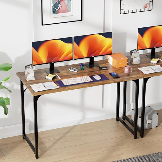 PayLessHere | 47 Inch Computer Desk | Brown | Office Desk with Metal Frame, Adjustable Feet | Water-Resistant, Scratchproof Surface | Sturdy Writing Table for Home Office or Study | Pack of 2