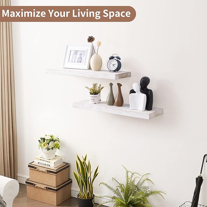 Axeman Floating Shelves for Wall, 24''W x 8''D Rustic Solid Elm Wood Wall Shelves for Storage, Wall Mounted Display Shelving with Invisible Heavy-Duty Metal Bracket (White Wash, 2PCs)