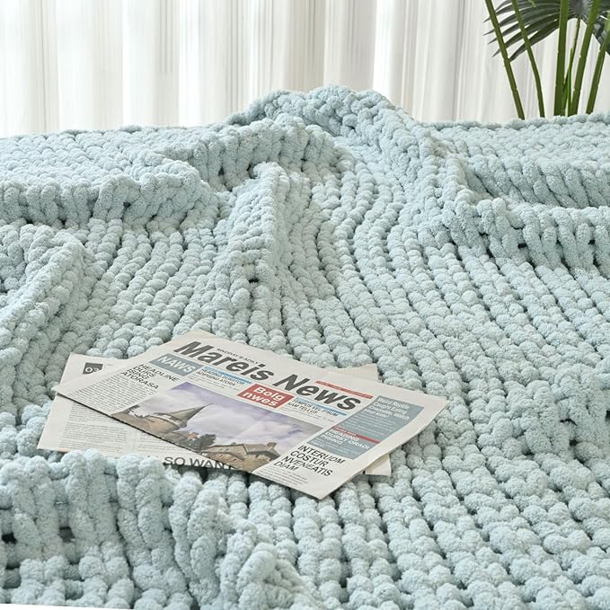 Esterra Chunky Knit Blanket Throw 50"x60", 100% Hand Knitted Chenille Throw Blanket, Cozy Soft Thick Cable Knit Throw Large Rope Knot Crochet Throw Blanket for Sofa Couch Bed, Sky Blue