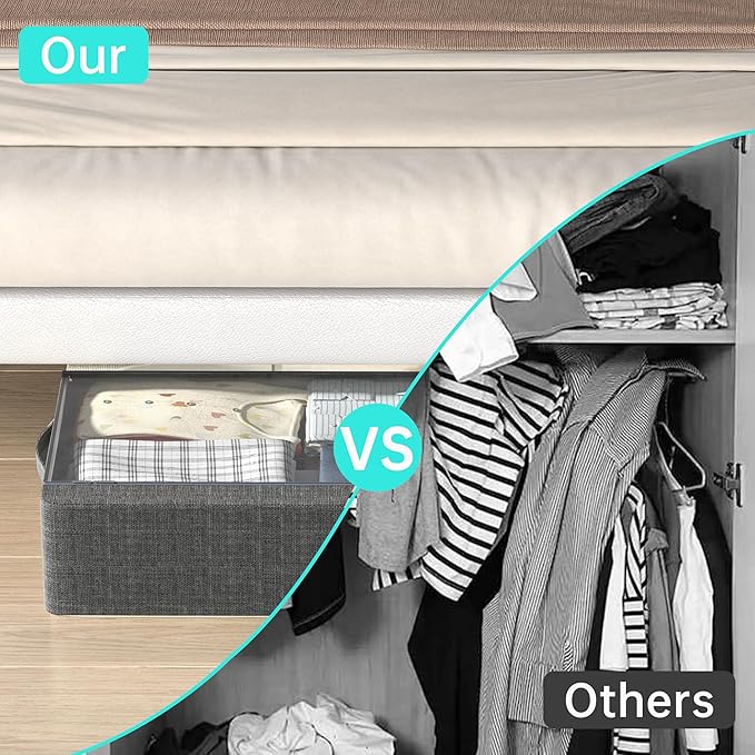 3PCS Under Bed Storage Bins with Metal Frame, Linen Fabric Frame Storage Box Clothes Organizer Bins, Underbed Container with Clear Window (Dark Grey, 15.7 x 13 x 6IN)