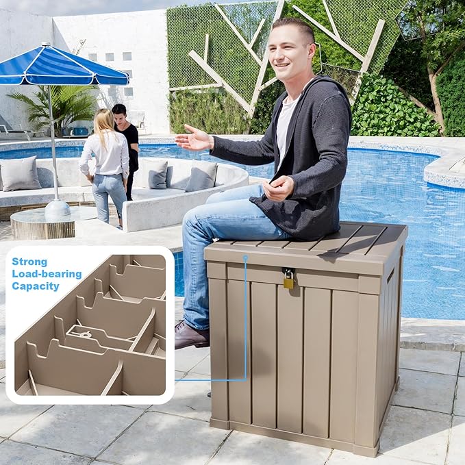 Vixzen 50 Gallon Resin Deck Box, Lockable Outdoor Storage Box for Patio Cushions Storage Furniture,Garden Tools, Pool Supplies, Weatherproof and UV Resistant- Grey