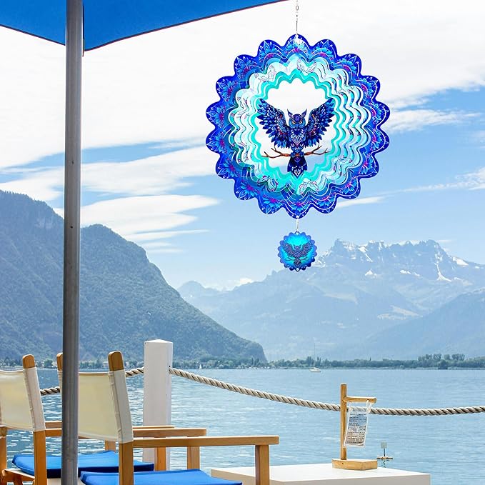 Owl Gifts for Women Men, Owl Hanging Wind Spinners Outdoor, 12Inch 3D Stainless Steel Reflective Wind Spinners Garden Decor