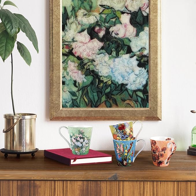 Coffee Mug Sets of 4, 12oz Bone China Porcelain Cups with Art Print Large Handle Dishwasher Microwave safe for Tea Cocoa or Hot Chocolate