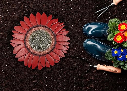 NAT & Jules Sunflower Shaped Dimensional Indoor Outdoor 12 inch Cast Resin Decorative Garden Stepping Stone, Patio, Walkway Sculpture Yard Art, Red