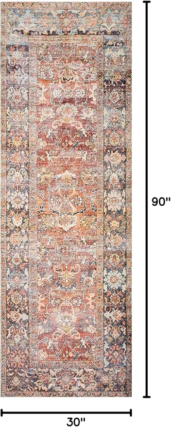 Loloi Layla Collection LAY-02 Spice/Marine 2'-6" x 7'-6" .13" Thick Runner Rug, Soft, Durable, Vintage Inspired, Distressed, Low Pile, Non-Shedding, Easy Clean, Printed, Living Room Rug