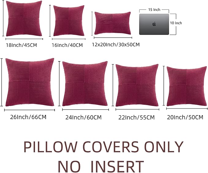 Fancy Homi 2 Packs Burgundy Red Decorative Throw Pillow Covers 18x18 Inch for Living Room Couch Sofa, Boho Farmhouse Home Decor, Soft Corss Corduroy Patchwork Textured Square Cushion Case 45x45 cm