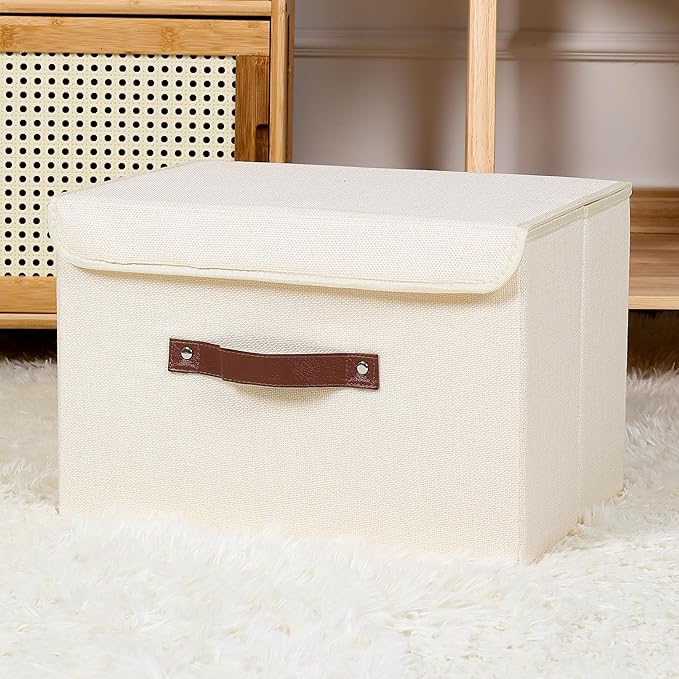 ANMINY 4PCS Storage Bins with Lid PU Leather Handles Storage Boxes PP Plastic Board Decorative Foldable Lidded Cotton Linen Fabric Home Cubes Baskets Closet Organizer Containers - Beige, Large Size