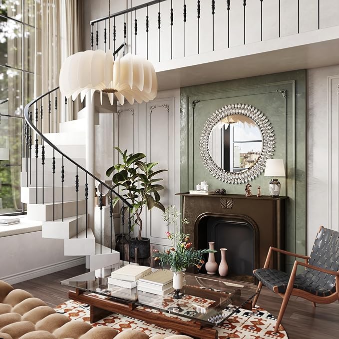 Kelly Miller Round Jeweled Mirror for Wall Decor, 32 in Modern Decorative Wall Mirror with Luxury Diamonds Beveled Vanity Mirror for Bedroom, Living Room, Bathroom, Hallway, Entryway, Fireplace