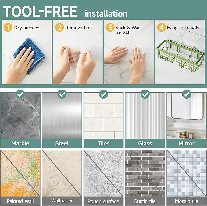 Veken Rustproof & Waterproof Shower Caddy 6-Pack, No Drilling Adhesive Shelves Rack with Soap Holder, Large Capacity Bathroom Organizers and Storage, Wall-Mounted Kitchen & Home Decor