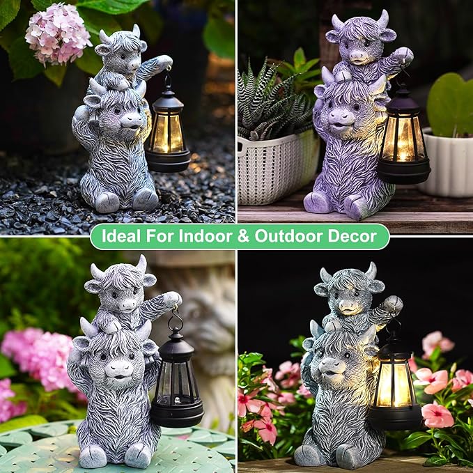 Goodeco 9.5 Inch Highland Cow with Solar Lantern – Resin Garden Decor, Outdoor Statue & Unique Highland Cow Gifts (Gray)