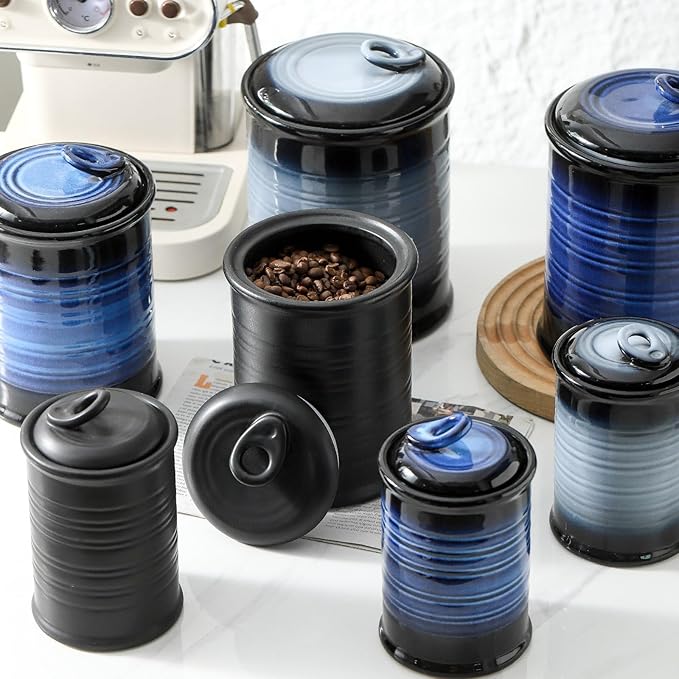 Nihow Food Storage Jar Sets: Ceramic Container with Air Tight Lid for Flour/Sugar/Rice/Coffee/Cookies/Candy - Seal Damp-proof Canister for The Kitchen Counter - Set of 4 (Matte Black)