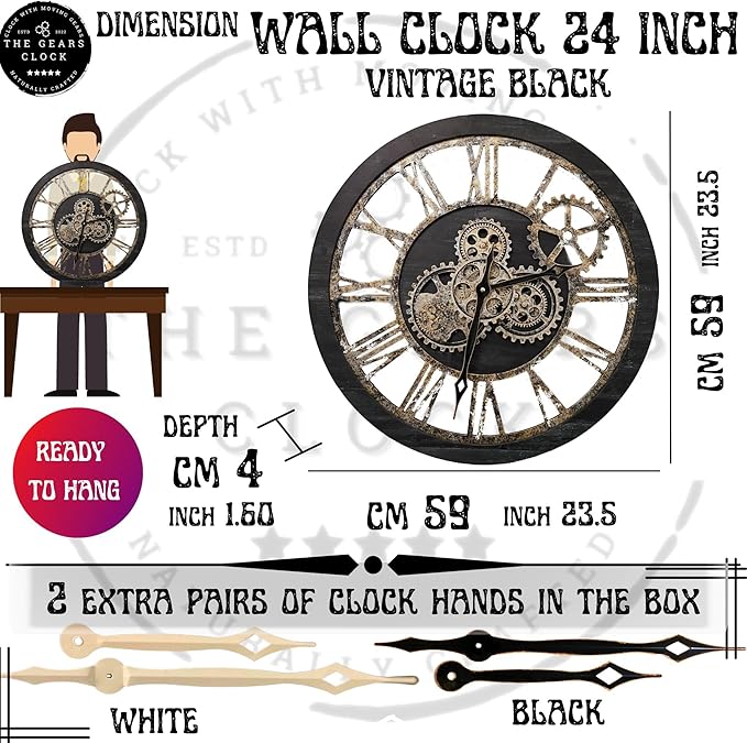 The Gears Clock The Original Real Moving Gear Wall Clock Vintage Industrial Oversized Rustic Farmhouse (24 inch (60cm), Vintage Black Wood and Bronze)