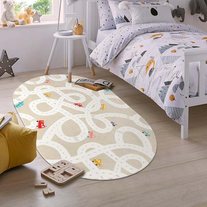 STARUIA Small Kids Rug for Kids Room, 3'x5' Washable Road Rug for Baby Nursery, Non-Slip Car Rugs for Playroom, Tan Traffic Play Mat Soft Fun Rugs for Boys Girls Dorm Toy Room Tent
