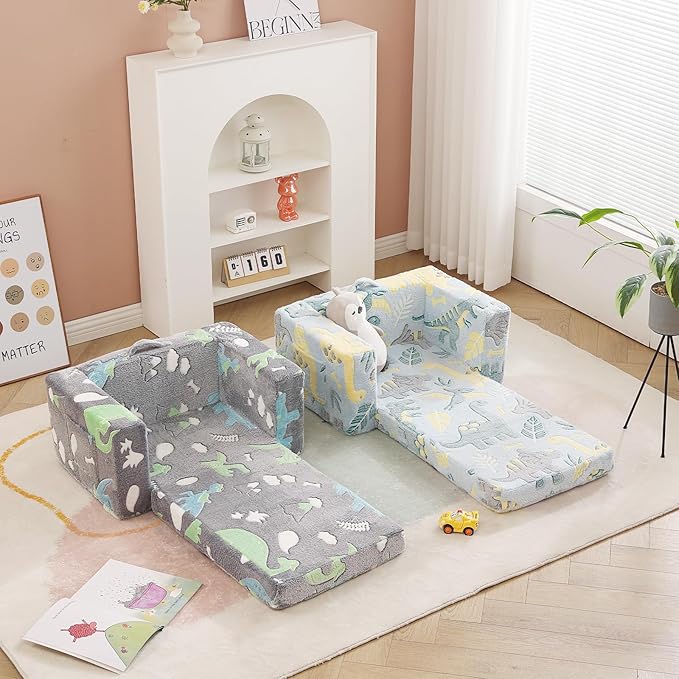 Toddler Chair Kids Couch, 2-in-1 Toddler Soft Sherpa Couch Fold Out Armchair with Removable Cover, Convertible Reading Chair Toddler Sofa for Kids, Glow in The Dark Plush Grey Dinosaur