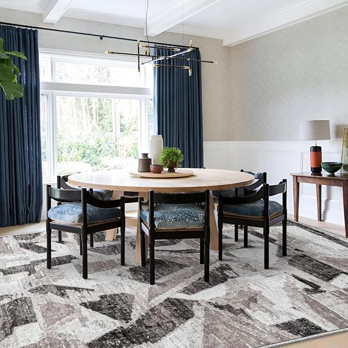 Modern Abstract 5X7 Area Rug for Living Room Bedroom Washable, with Non-Slip Rubber Backing Print Faux Wool Thin, Grey Throw Large Carpet for Kids Playroom Dining Room Pet & Child Friendly