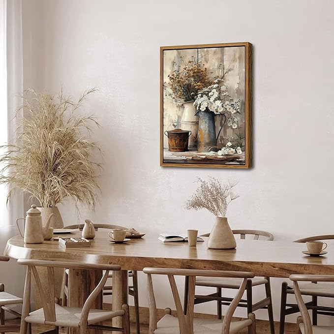 Floating Framed Farmhouse Vintage Canvas Wall Art, Country Floral Daisy Pictures Wall Decor, Wood Grain Art Paintings Poster for Living Room Bedroom Bathroom Rustic Decor 12x16 inch