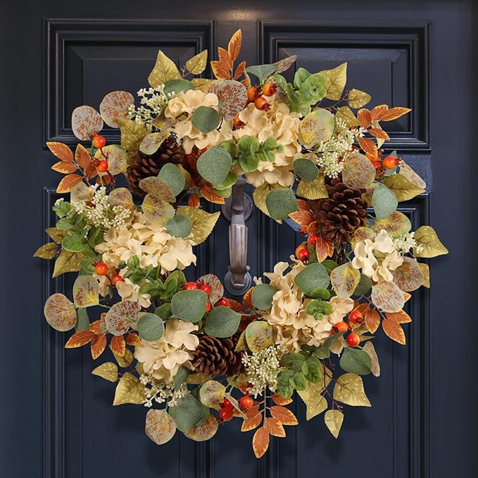 22 in Fall Hydrangea Wreath with Eucalyptus, Pinecones Orange Berries Perfect Autumn Door Wreath for Thanksgiving Harvest Decor - Rustic, Lifelike Durable for Indoor Outdoor Use