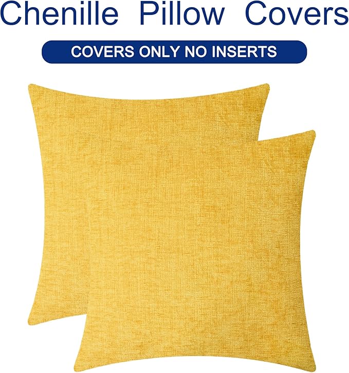 CaliTime Throw Pillow Covers Decorative 24 X 24 Inches Pack of 2 Cozy Chenille Cushion Cases for Couch Sofa Bed Living Room Home Mustard Yellow
