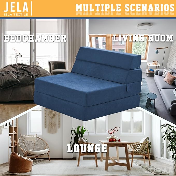 jela Foldable Sofa Bed Soft Foam Convertible Sleeper Chair Luxury Miss Fabric Fold Out Chair Bed Floor Couch with Back Support Floor Sofa for Living Room Bedroom (83"x33",Navy)
