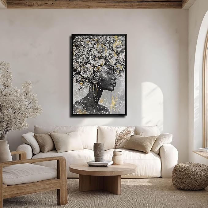 MLART99 Gold African American Wall Art Black Woman Wall Decor with Frame Vertical Floral Canvas Painting Modern Print Bedroom Living Room Decor 24x36 Inch