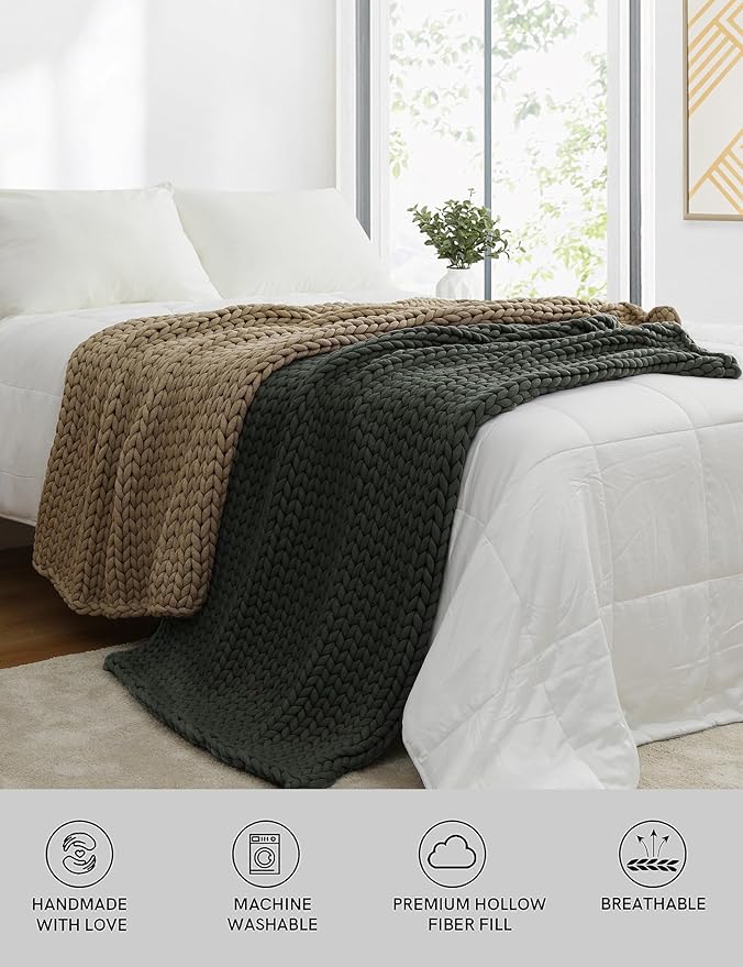 YnM Chunky Throw Blanket, Medium-Weight, Hand Knitted, Skin Friendly, Ventilated and Breathable, Machine Washable, Home Décor Piece for Couch, Sofa and Bed (Olive, 50x70 Inch)