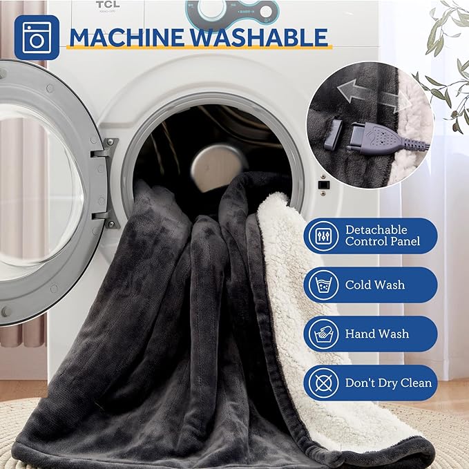 Sealy Electric Blanket Twin Size 62"*84",Super Cozy Flannel to Sherpa Reversible Heated Twin Blanket with 10 Heating Levels & 1-12 Hours Auto Off Overheating Protection Machine Washable, Charcoal