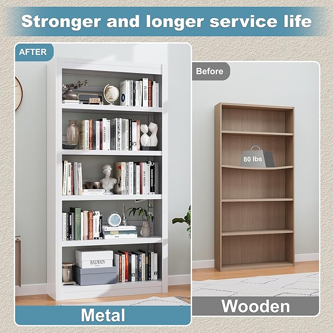 Bookcase, 5-Shelf Industrial Bookshelf, Large Storage Space, Adjustable Bookshelves, Perfect for Living Room, Home Office, Garage, Ideal for WFH Essentials & Home Office Upgrade