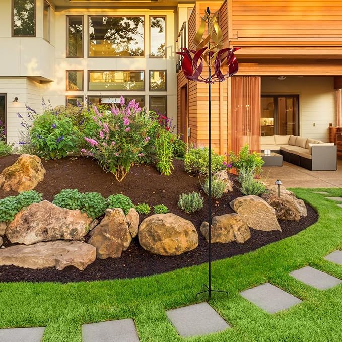 hogardeck Large Wind Spinners Outdoor, 93.3" Metal Tulip Wind Spinner with Stake, 360° Rotating Yard Art, Kinetic Flame Wind Sculptures for Home Lawn Backyard Patio Garden Decor (Red, Golden)