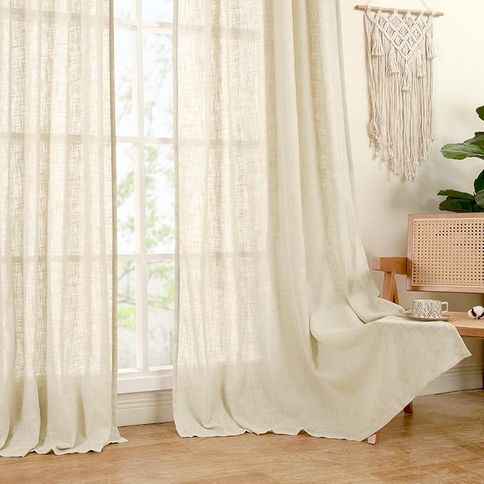 LAMIT Beige Linen Curtains 63 inch Length 2 Panels for Living Room, Bronze Grommet Soft Semi Sheer Light Filtering Window Treatments Neutral Drapes for Bedroom, 52 x 63 Inch, Beige