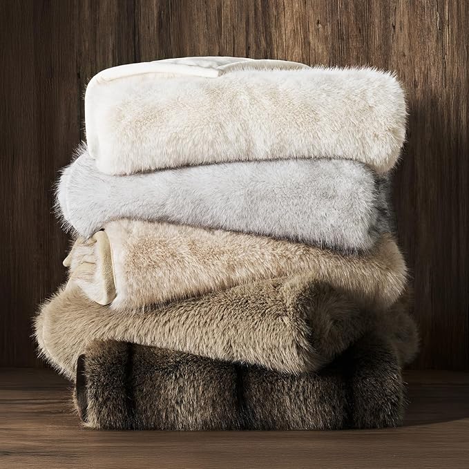 Luxury Faux Fur Throw Blanket, Soft Fluffy Faux Mink Blankets for Bed, Couch, Sofa, Thick Cozy Plush Warm Fur Throws with Reversible Velvet, Ivory Mink, 60"x80"