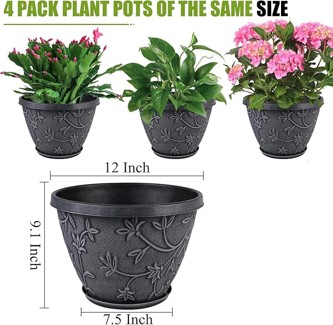 4 Pack 12 Inch Large Flower Pots for Outdoor Indoor, Plastic Plant Pots with Drainage Hole & Saucer, Modern Decorative Garden Pot, Imitation Magnolia Pots for Garden House Planters(Gray)
