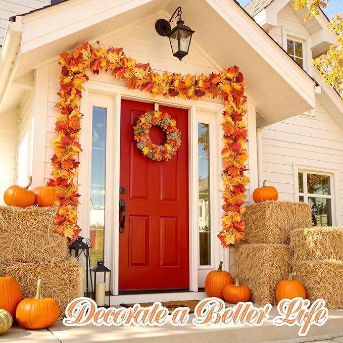 Joyhalo 2 Pack Fall Leaves Garland Indoor Outdoor Fall Decor,Hanging Maple Leaves Garland for Mantle, Door Frame,Fireplace and Thanksgiving Decor
