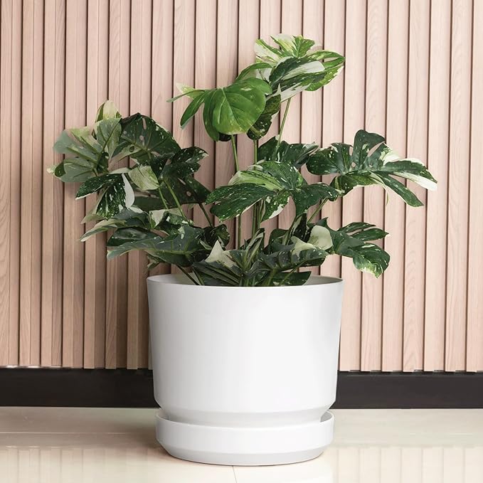 Elly Décor 10 inch Plastic Cylinder Planter Pot with Self-Watering Saucer and Drainage Hole,Lightweight & Extremely Durable, 10"x 10", White