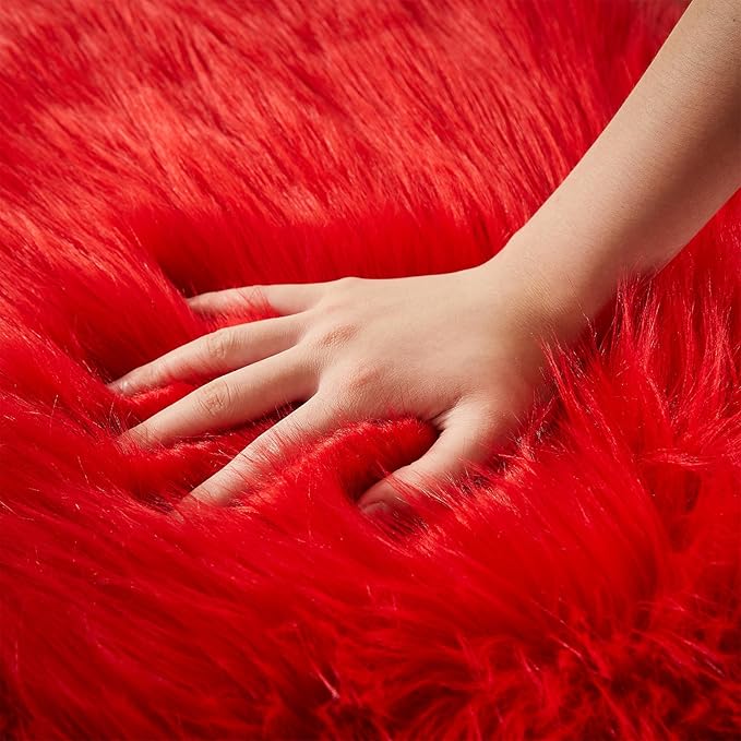 AMTOVO Faux Sheepskin Rug, Red Ultra Soft Fluffy Shag Area Rug, 2 x 6 ft Faux Fur Rug for Bedroom Sofa Throw Cushion Room Decor, Sheepskin