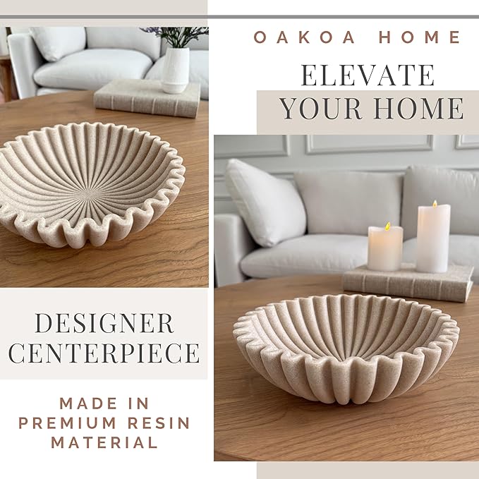 OAKOA Beige Resin Large Decorative Bowls for Home Decor - Decorative Bowl for Keys Entryway Table - Decorative Fruit Bowl Decor - Purse Bowl