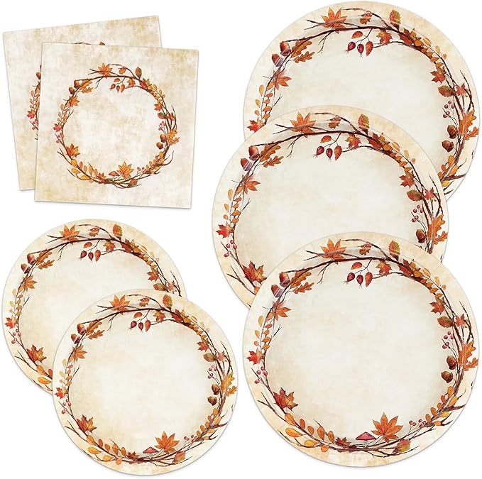 Homlouue 200 Pcs Fall Paper Plates and Napkins, Watercolor Disposable Dinnerware Set, Autumn Leaves Thanksgiving Party Supplies, Serve 50 Guests
