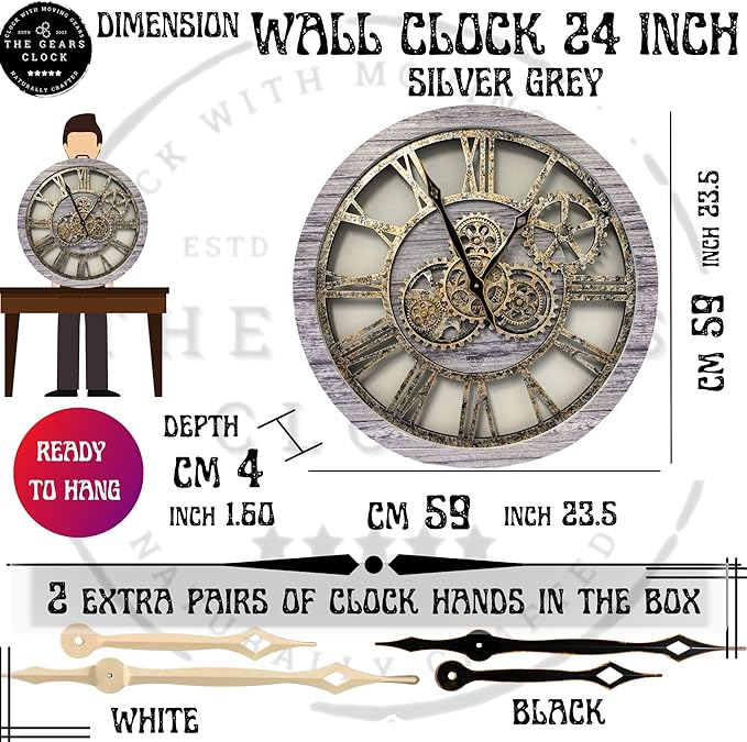 The Gears Clock The Original Real Moving Gear Wall Clock Vintage Industrial Oversized Rustic Farmhouse (24 inch (60cm),Silver Grey)